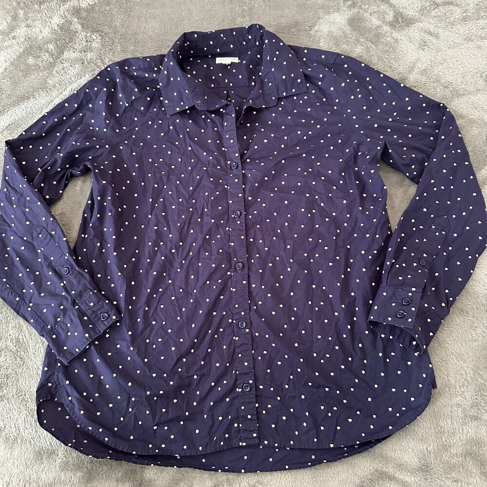 Garnet Hill 100% Organic Cotton Navy Blue Heart Polka Dot Shirt 10 Blouse Top